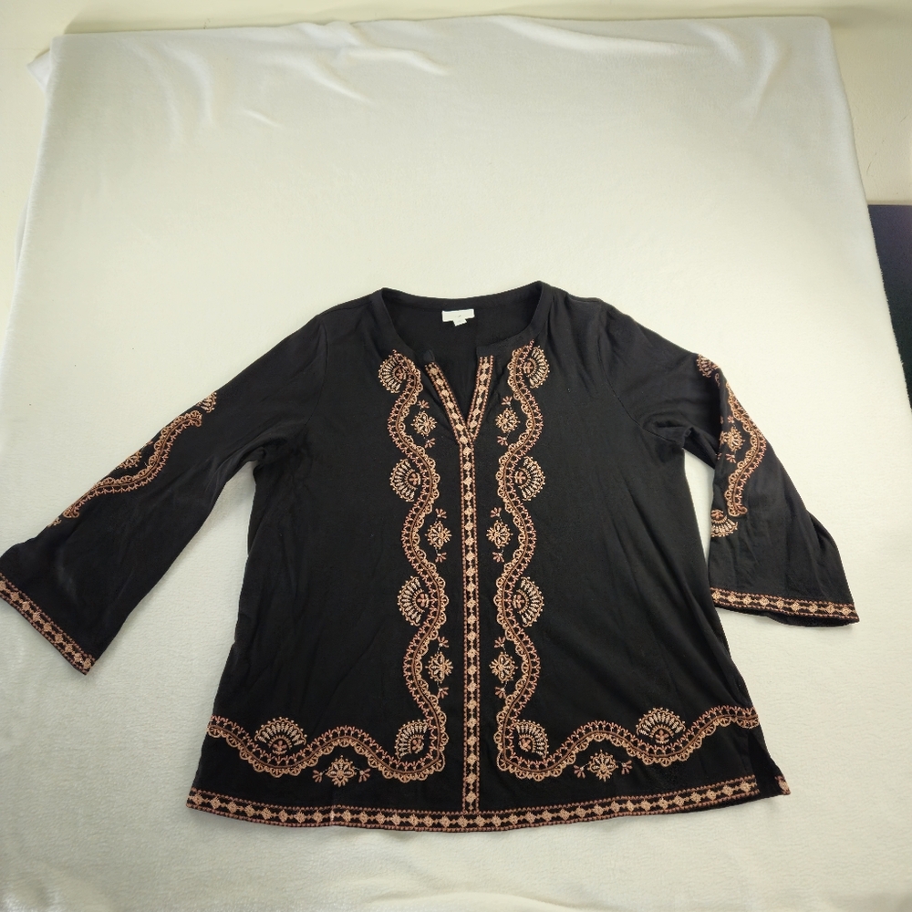 J. Jill Womens Black Embroidered Split Neck Tunic Top 3/4 Sleeve Boho Size M